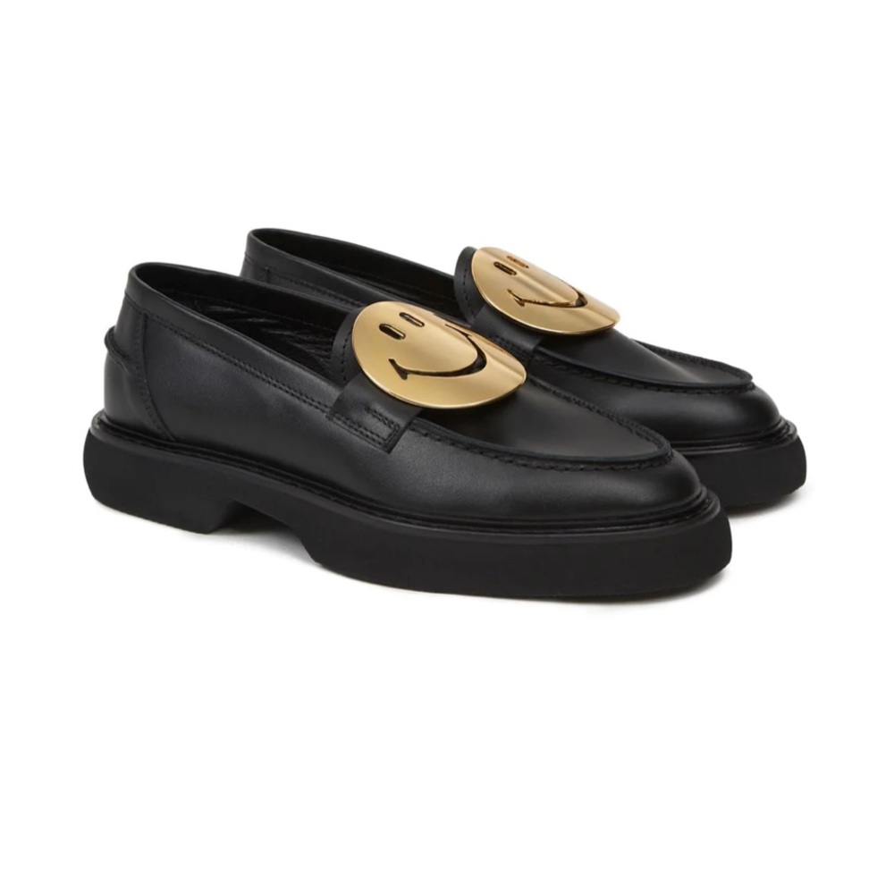 BNIB Smiley X Joshua Sanders Black Leather Loafer with Gold Smiley Size 9